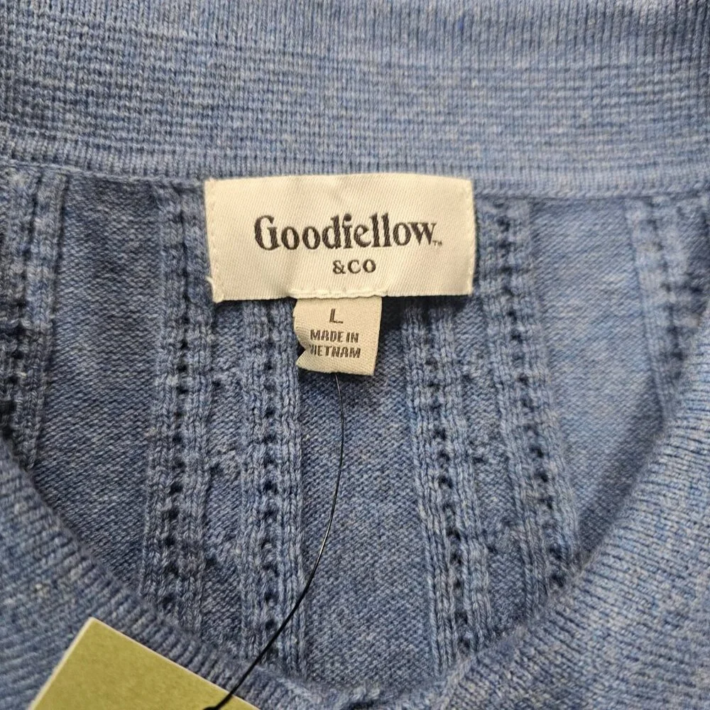 Goodfellow Cable Knit Button Up Polo Shirt Men’s Large Blue NWT Short Sleeve